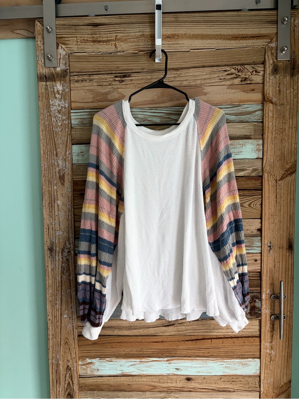 Free People We The Free Mixed Knit Striped Balloon Sleeve Top XS